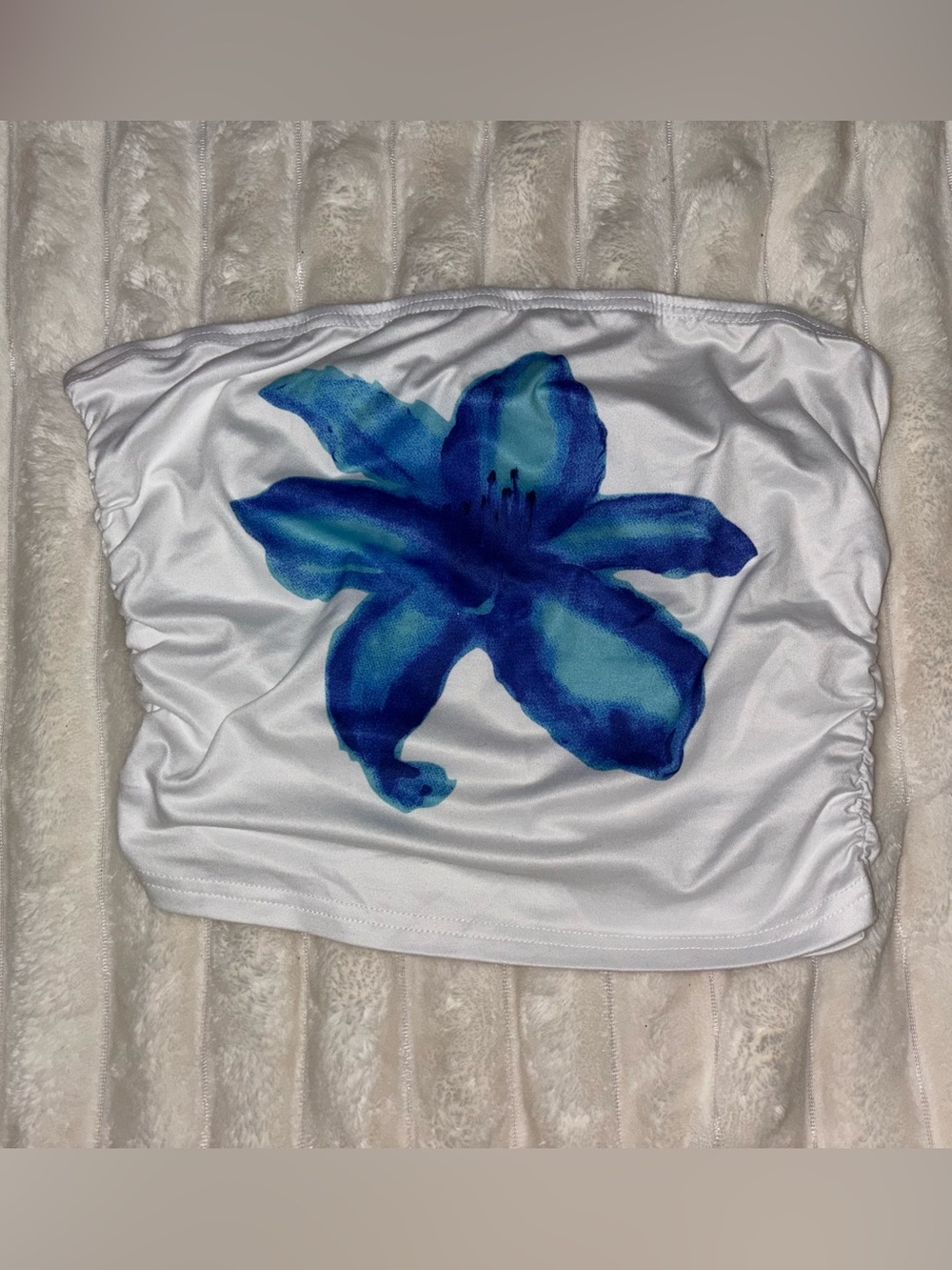 Forever 21 White Strapless Crop Top with Blue Floral Print